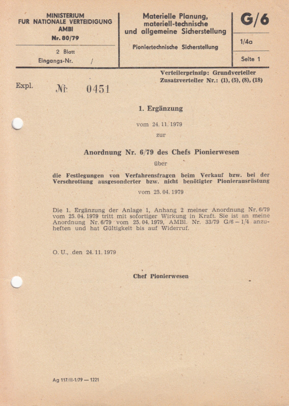 1. Ergänzung vom 14.11.1979 zur Anordnung 6(79) über die Festlegung von Verfahrensfragen beim Verkauf bzw. bei der Verschrottung ausgesonderter bzw. nicht mehr benötigter Pionierausrüstung 1. Ergänzung vom 14.11.1979 zur Anordnung 6(79) über die Festlegung von Verfahrensfragen beim Verkauf bzw. bei der Verschrottung ausgesonderter bzw. nicht mehr benötigter Pionierausrüstung