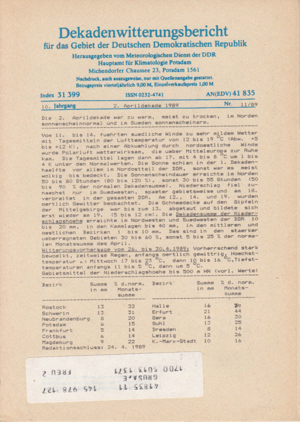 Dekadenwitterungsbericht für das Gebiet der DDR, 10. Jg., Nr. 11(1989)